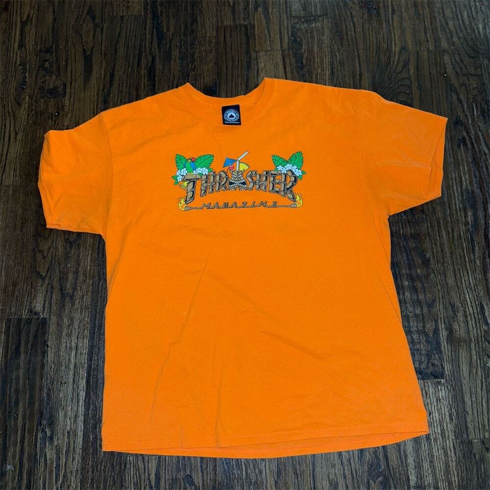 Thrasher Tiki Graphic T-Shirt Orange Hawaiian Crew Neck Unisex: Streetwear